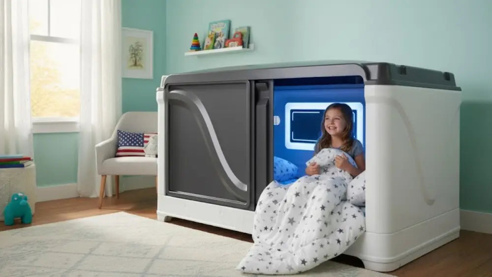 Modern zPods sensory sleeping pod for kids in US family bedroom offering safe, comfortable, and restful sleep for children with autism