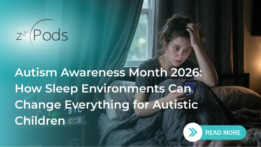 An exhausted young woman sitting up in bed at night, holding a smartphone. Text reads: "Why Sleep Is One of the Biggest Challenges in Autism" by zPods.