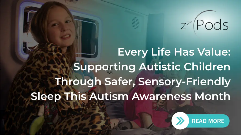 A promotional image for zPods featuring two children sitting inside a modern sleep pod with stuffed animals. Text overlay reads: "What 'Every Life Has Value' Means in Practice," with a "Read More" button in the corner.