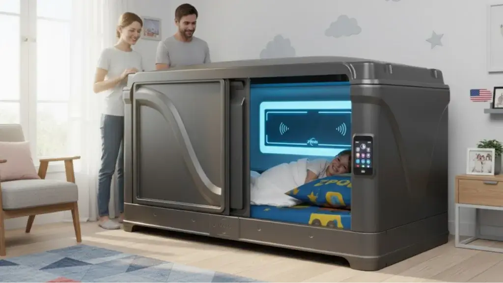 Modern sensory sleeping pod for kids in US family bedroom providing safe, comfortable and restful sleep