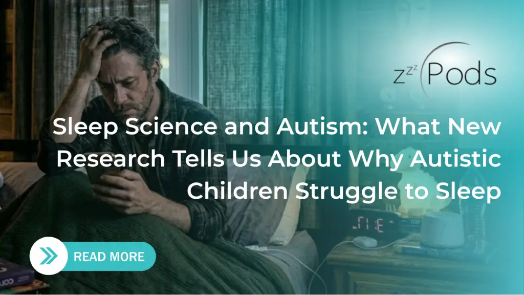 An exhausted man sitting in bed looking distressed while holding a smartphone. Text: "Why Standard Sleep Advice Often Fails Autistic Children."