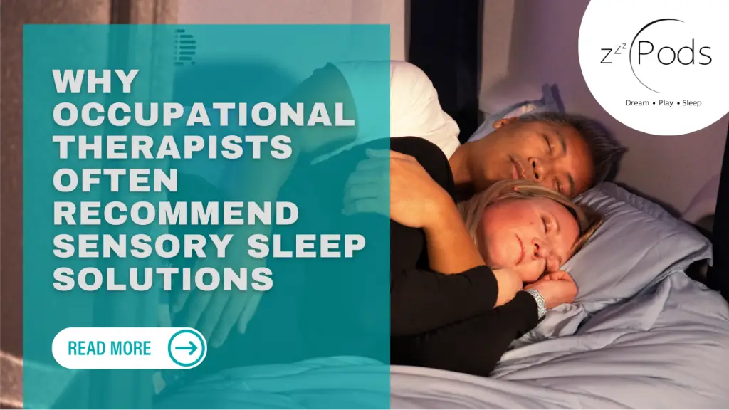 Two people sleeping together with text about occupational therapists recommending sensory sleep solutions.