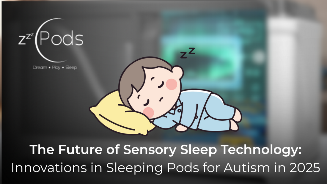 Child peacefully sleeping inside a modern sensory sleeping pod with dimmable lighting and white noise features for autism.